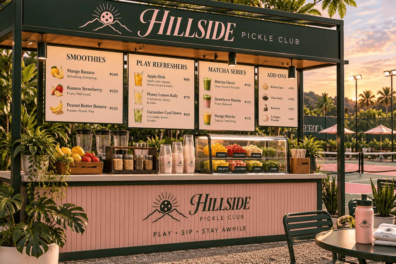 Preview of the upcoming Hillside café counter with a pink and green design
